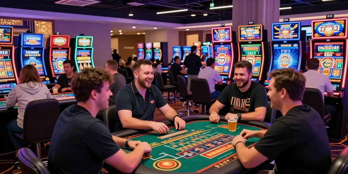Scena emozionante di giocatori che si divertono con i giochi dei migliori casino online non AAMS, con decorazioni vivaci e un'atmosfera coinvolgente.