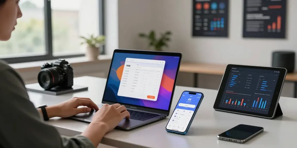 快连 app open on laptop in a modern tech workspace, showcasing a productive atmosphere.