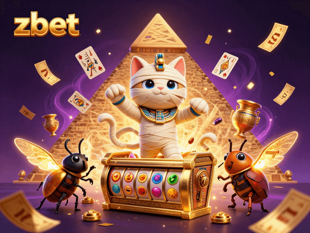 Join the exciting zbet casino adventure with a mummy cat and golden scarab among vibrant slot symbols.