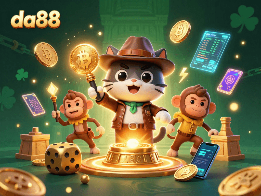 Win big with da88's immersive gaming experience featuring a treasure-hunting cat and crypto elements.