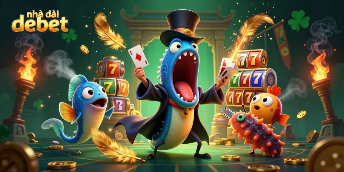 Engage with Nhà cái Debet as a 3D cartoon scene showcases casino excitement with gold coins and magic elements.