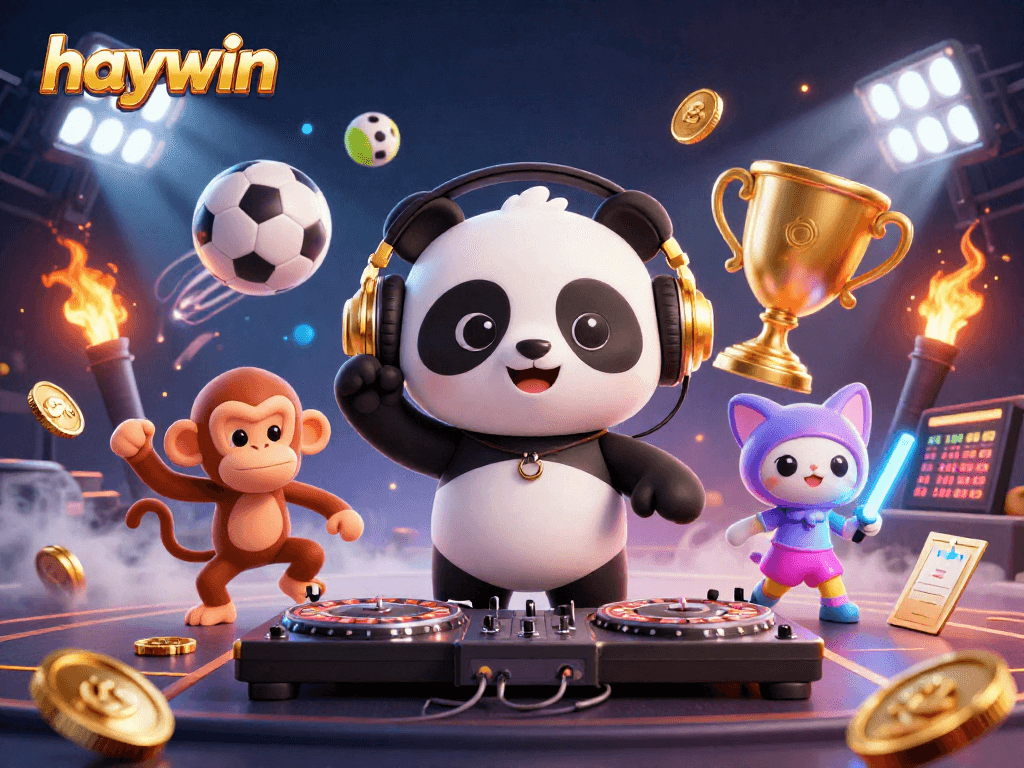 Experience lively gaming excitement with haywin as 3D characters celebrate on a vibrant dance floor.