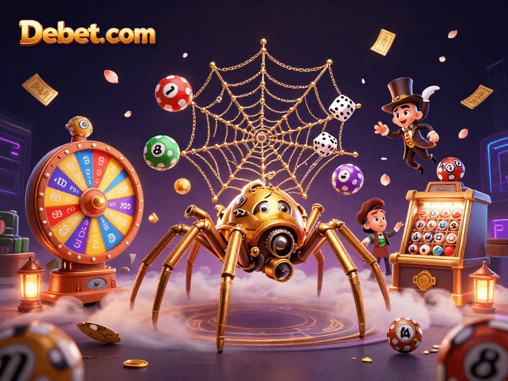 Celebrate wins at Debet. com with exciting casino elements in a vibrant 3D scene.