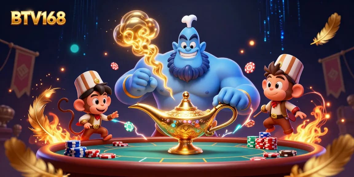 Experience the excitement of BTV168 with a dynamic casino scene featuring a genie and poker elements.