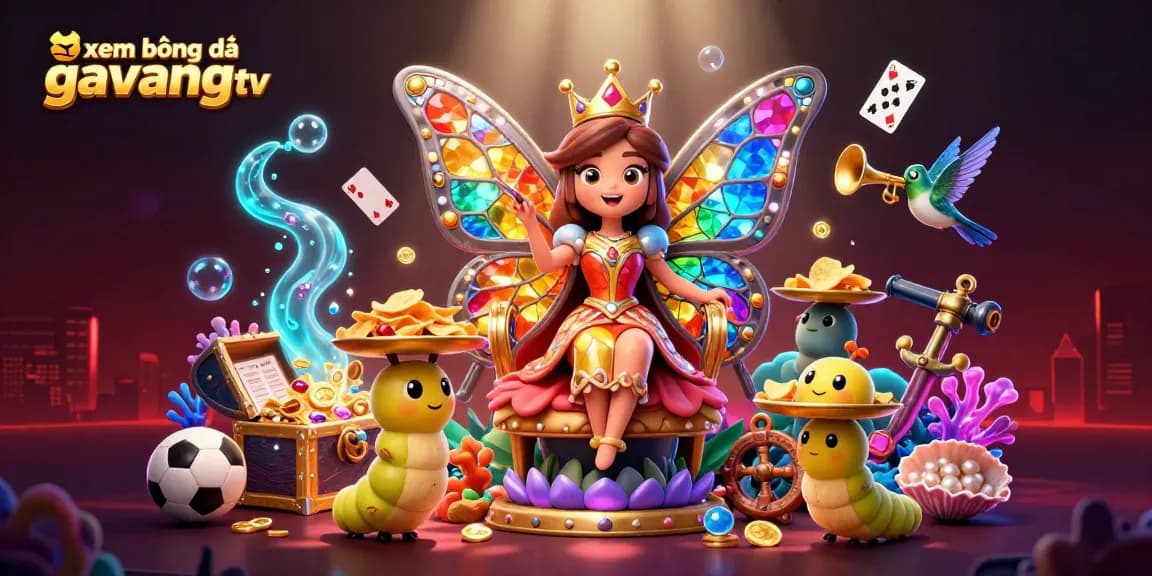 Bet on xem bóng đá gavangtv with vibrant sports theme featuring a butterfly queen and rich gaming elements.
