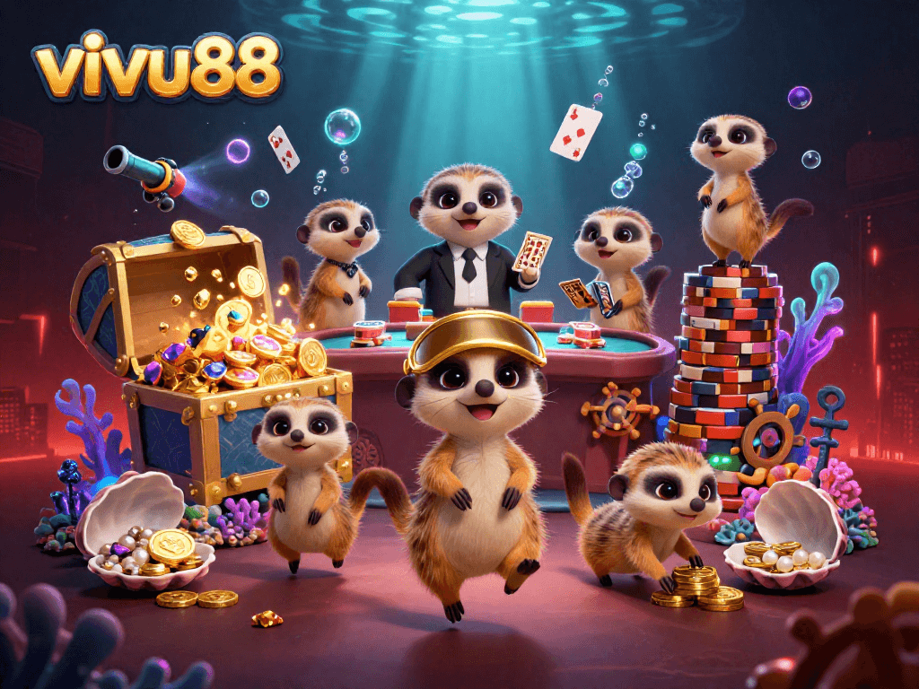 Experience the excitement of vivu88 as meerkats run a vibrant casino filled with treasures and action.