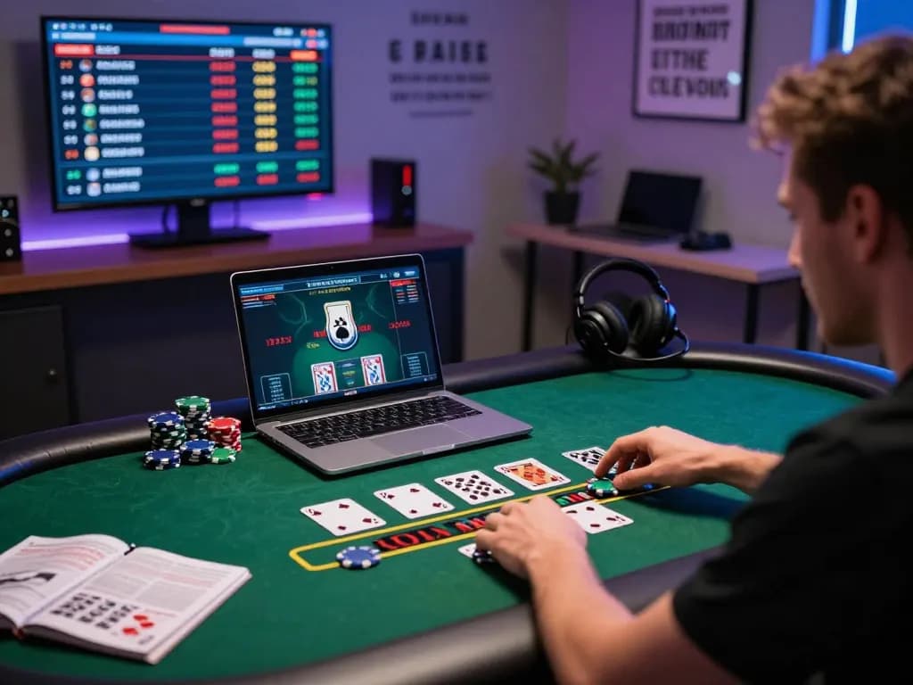 Excited online player at MM88 casino, engaging with live dealer in a vibrant gaming atmosphere.