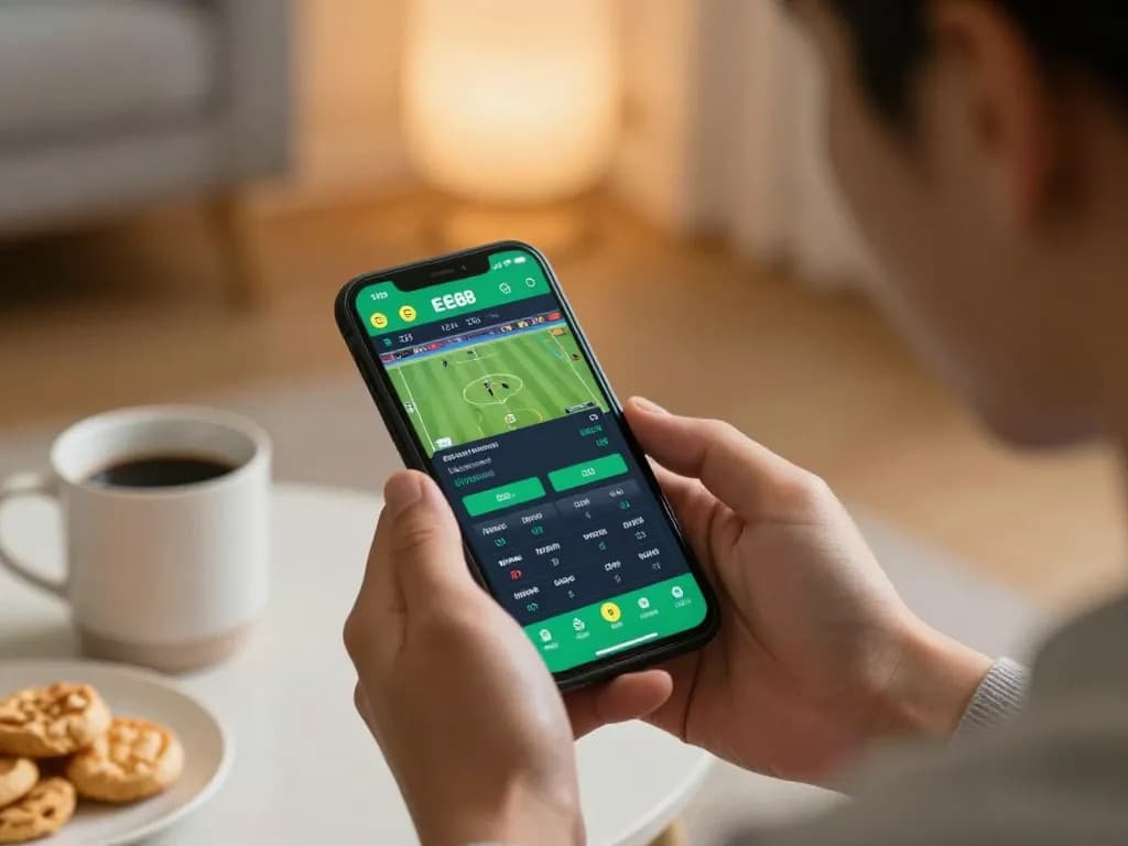 Player using ee88 app on smartphone for live sports betting in cozy home setting