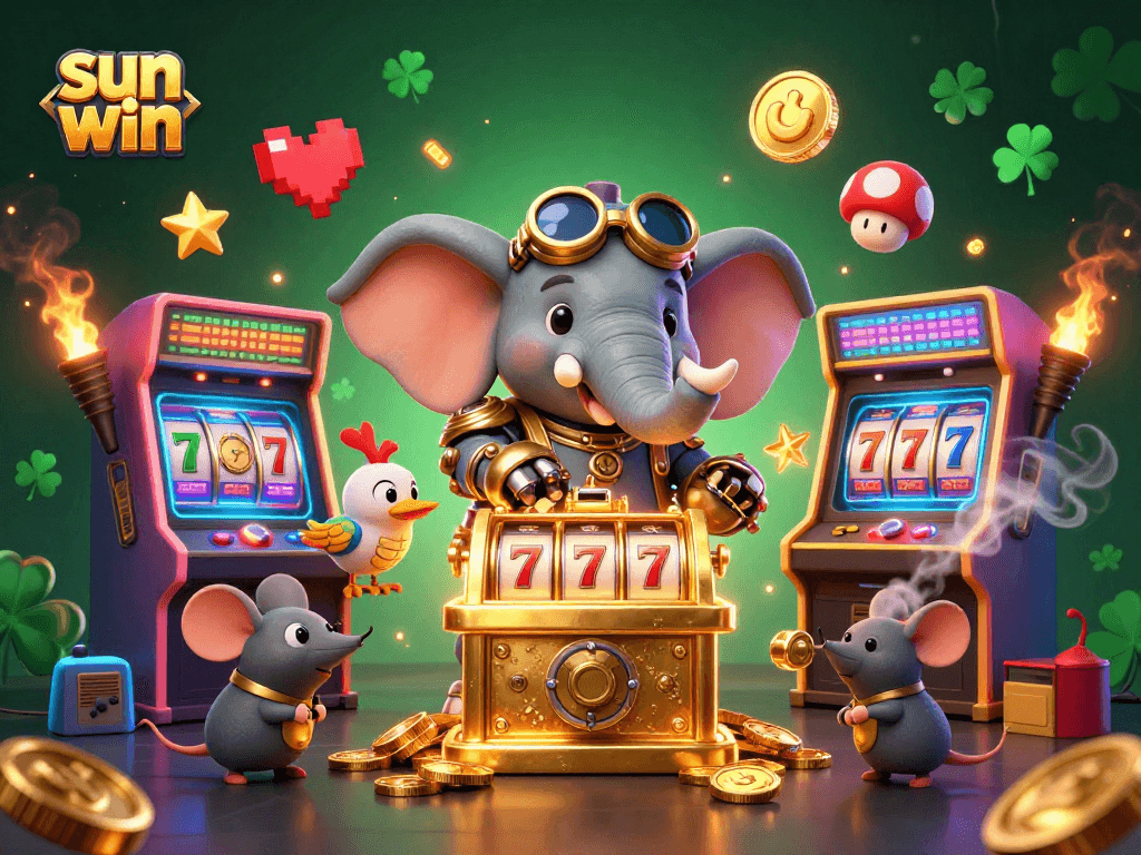 Engage with the vibrant world of sun win, featuring a steampunk elephant operating a golden slot machine.