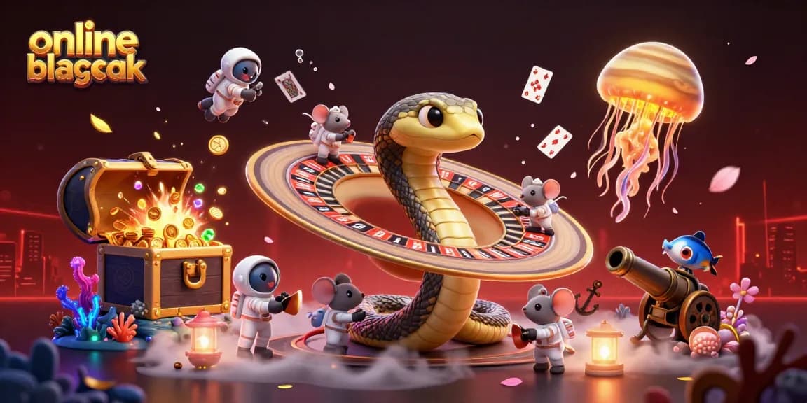 Play online blackjack with casino-themed snake and astronaut mice in a vibrant galaxy scene.