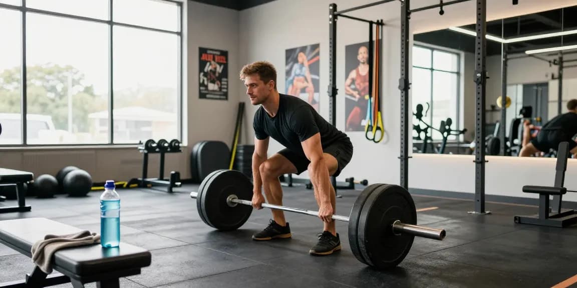 Kraftsportler hebt Gewichte in einem lebhaften Fitnessstudio und bewirbt Anabolika Shop Deutschland für Muskelwachstum.