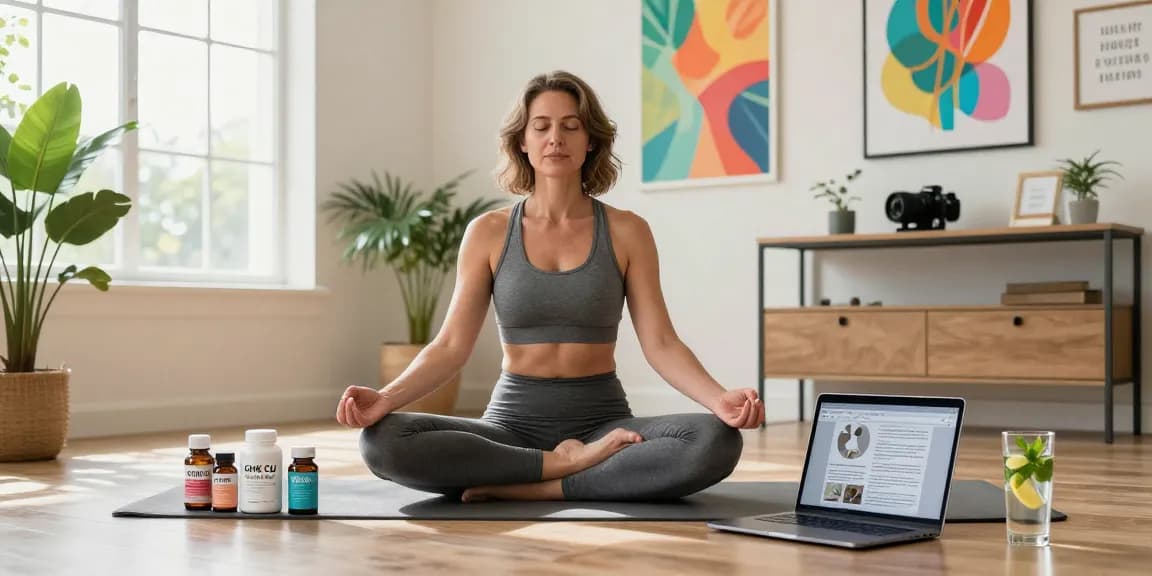Woman meditating in a bright home office with GHK CU peptide products, promoting wellness and vitality.