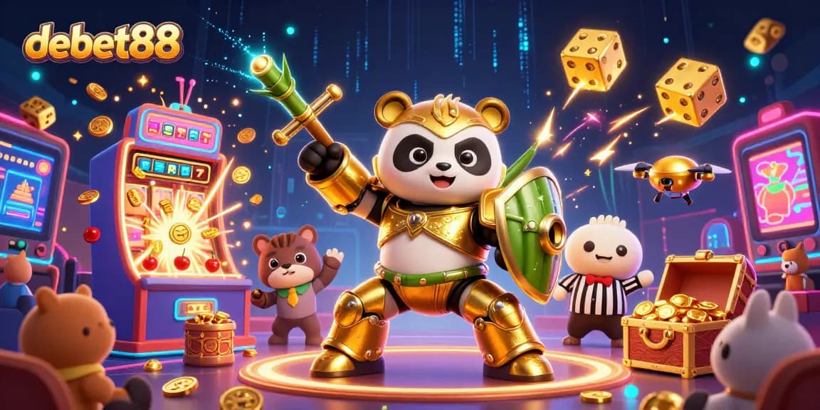 Experience the exciting gameplay of debet88 with a vibrant 3D casino illustration showcasing a jackpot celebration.