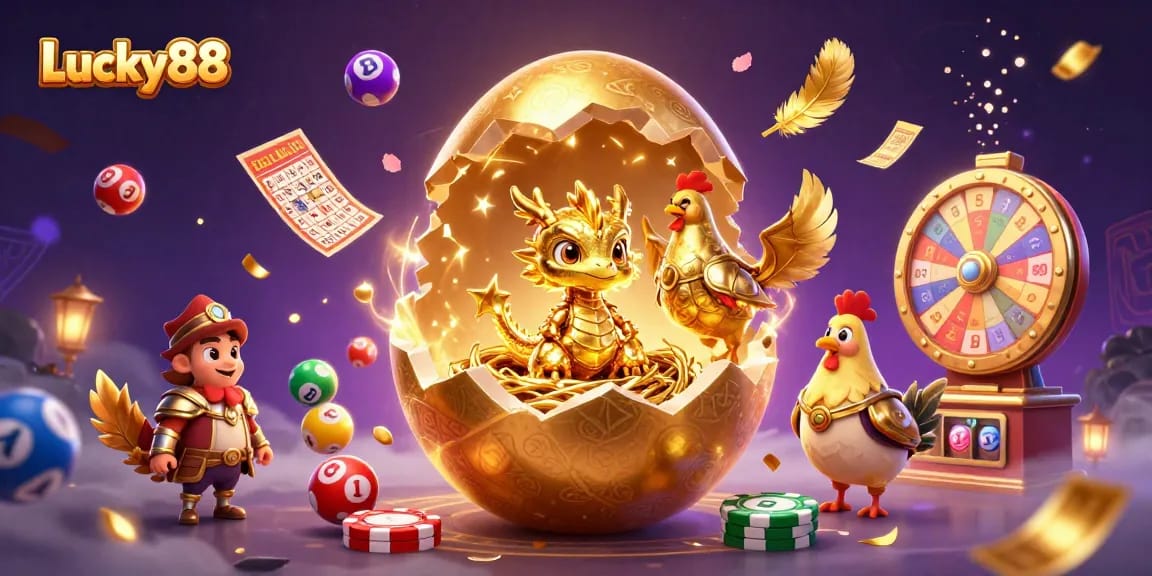 Win big with Lucky88 casino-themed illustration showcasing dynamic game elements and vibrant characters!