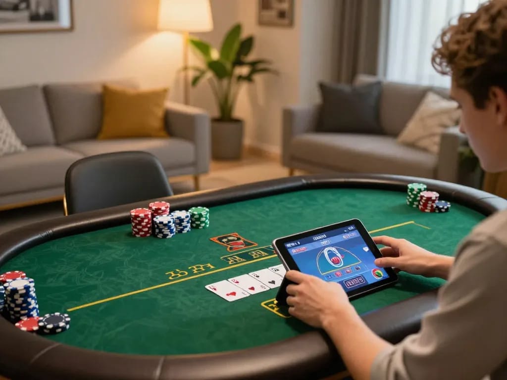 Daga online gaming experience with a player engaged in live dealer gameplay while relaxing at home.