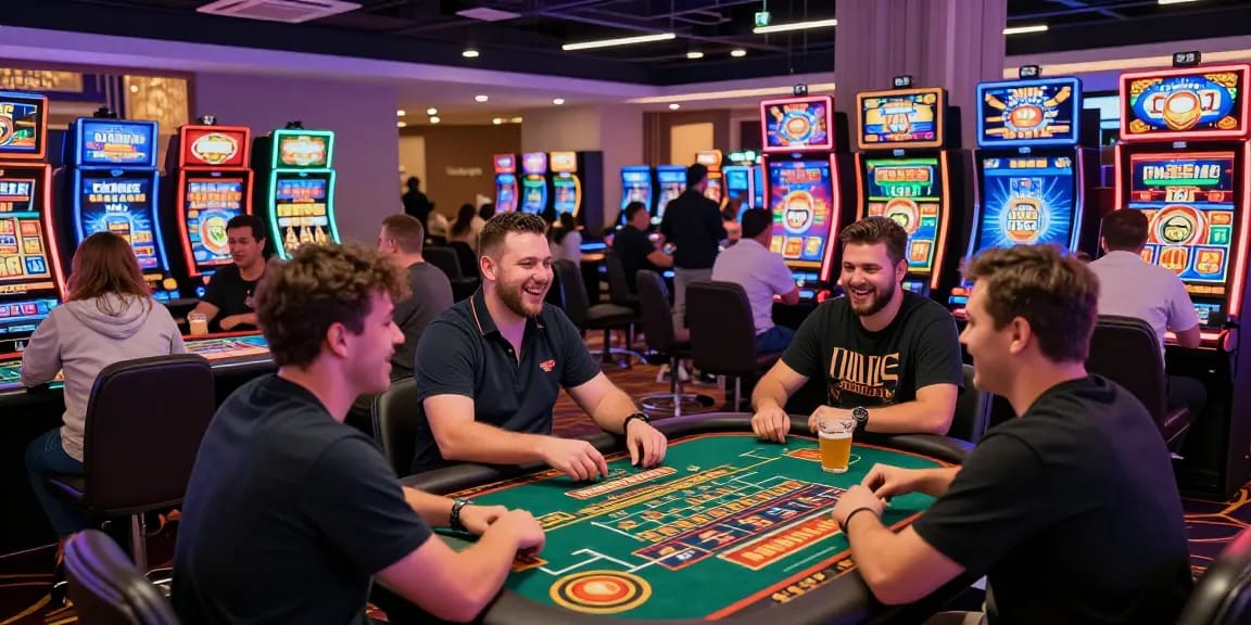 Scena emozionante di giocatori che si divertono con i giochi dei migliori casino online non AAMS, con decorazioni vivaci e un'atmosfera coinvolgente.