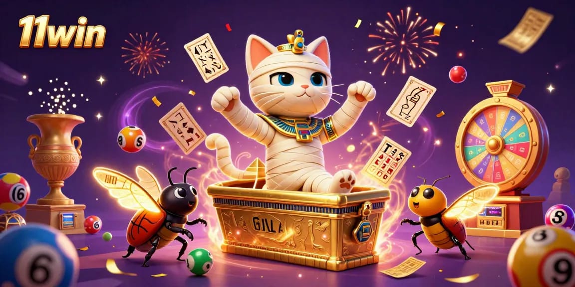 Engage in vibrant games at 11win, where an Egyptian mummy cat and scarab beetle bring fortune amidst colorful lottery balls.