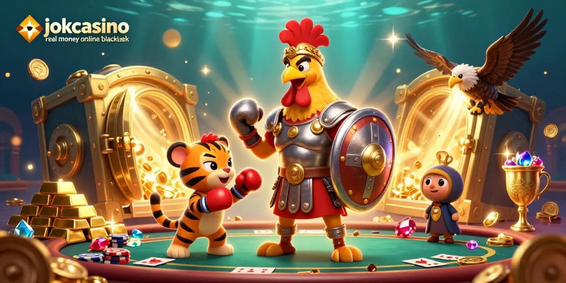 Experience jokacasino real money online blackjack with a vibrant casino scene featuring unique characters and gold treasures.