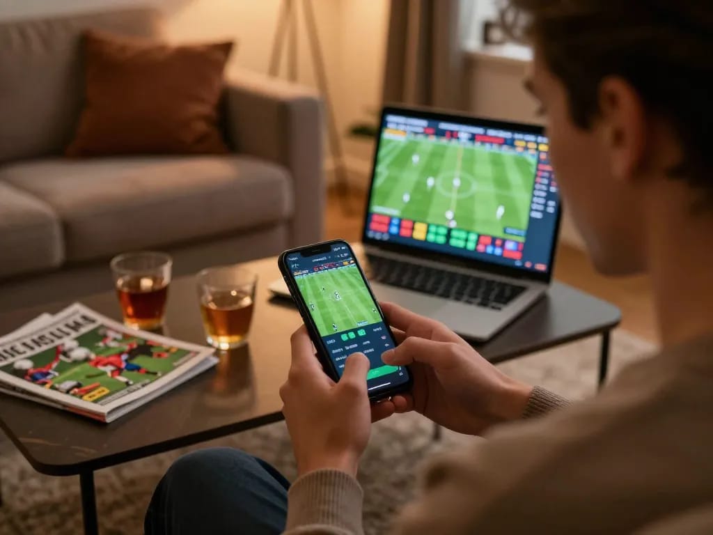 Betting on soccer matches with uu 88 app in a cozy home setting, showing intense engagement.