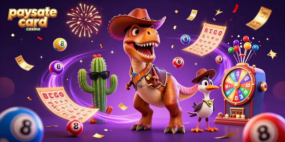 Eine fesselnde Szene, die den Spaß in Paysafe Card Casinos zeigt, mit einem Cowboy-T-Rex und lebhaften Charakteren mit filmischen Effekten.