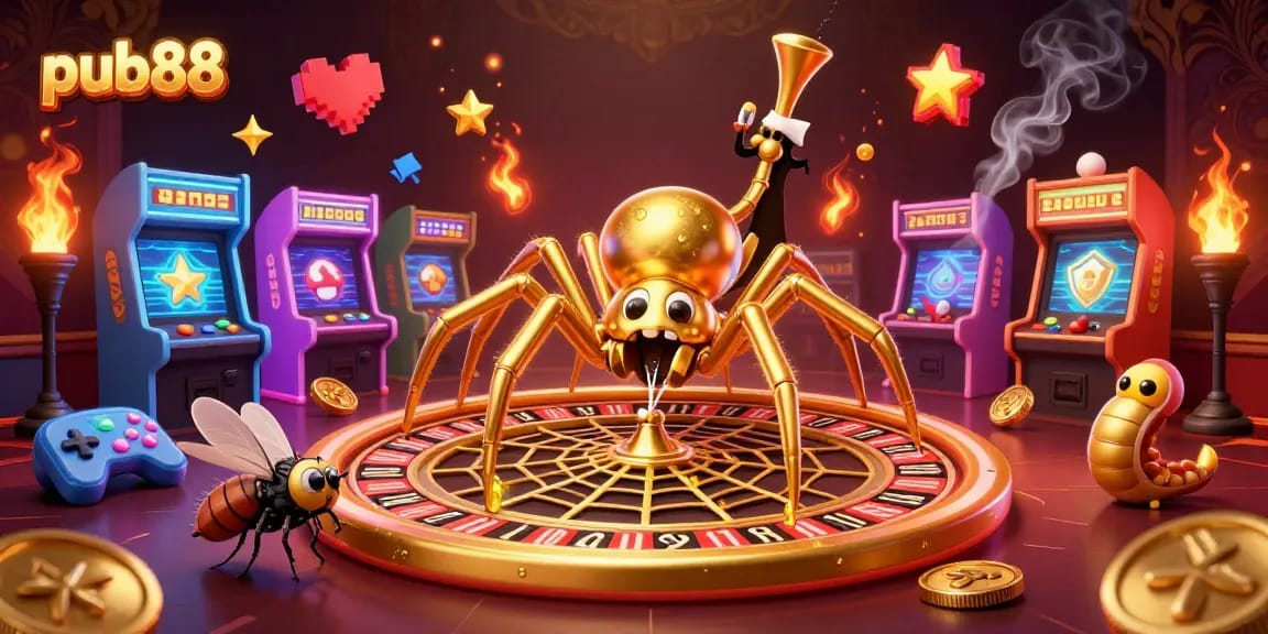 Betting at pub88 in the thrilling 3D casino scene featuring a spider and a croupier.