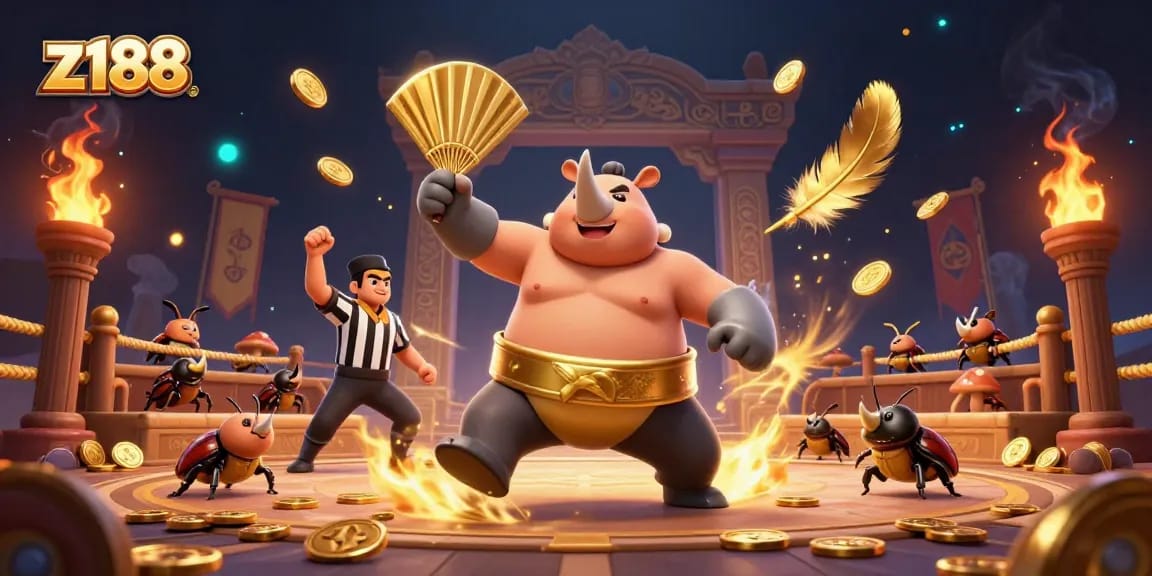 Experience thrilling gameplay at z188 with a sumo champion beetle amidst flying coins and vibrant casino ambiance.