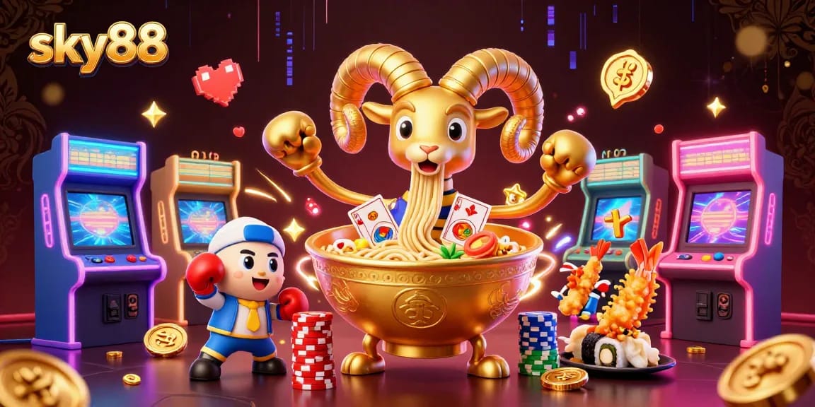 Experience thrilling gameplay with sky88 in a vibrant casino-themed illustration featuring animated characters.