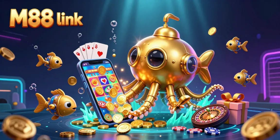 Engage with the M88 link in this vibrant underwater scene filled with golden slots and casino elements.