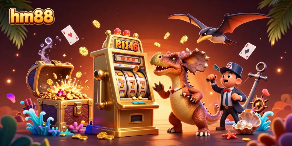 hm88 showcases a vibrant casino scene with dinosaurs engaging in jackpot action, capturing excitement.