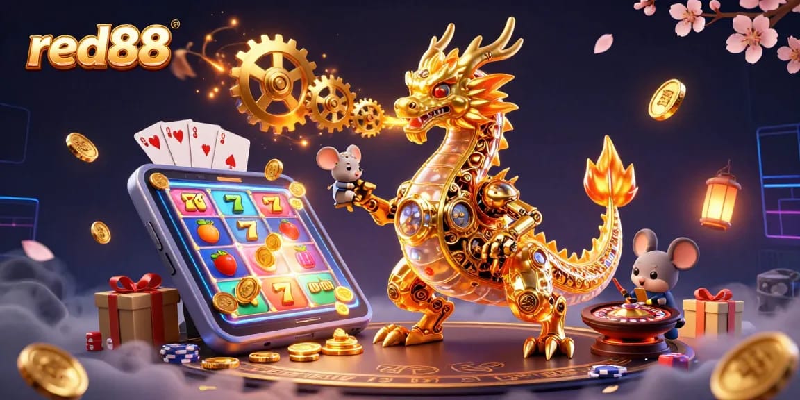 Experience the thrill of red88: Golden dragon breathing gears with vibrant slot game elements.