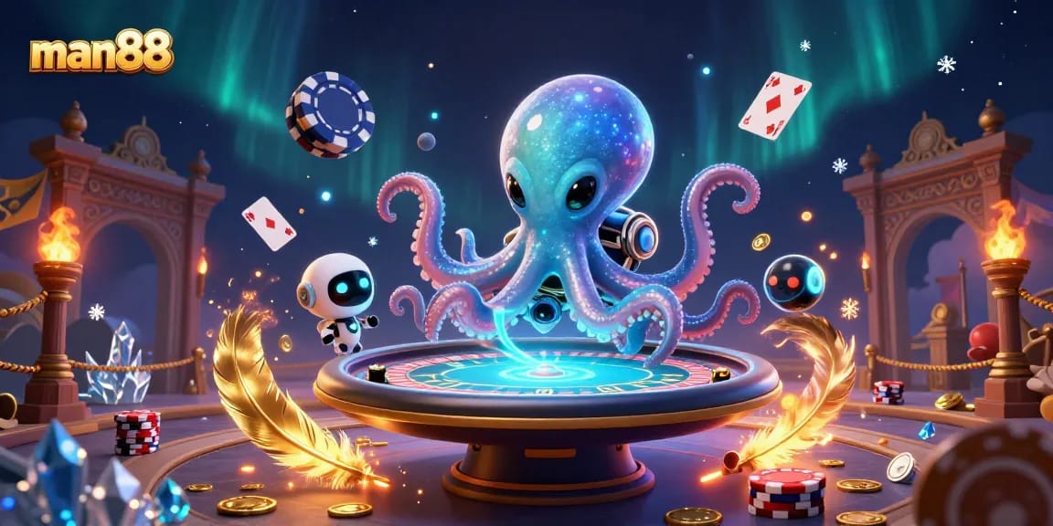 Experience thrilling gameplay with man88 at an otherworldly casino scene featuring an alien octopus and exciting game elements.