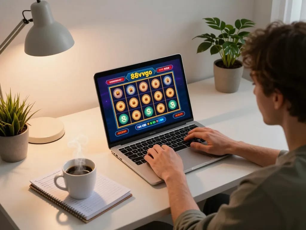 Person engaging in online gambling on 88vvgo with laptop and notes in cozy home office