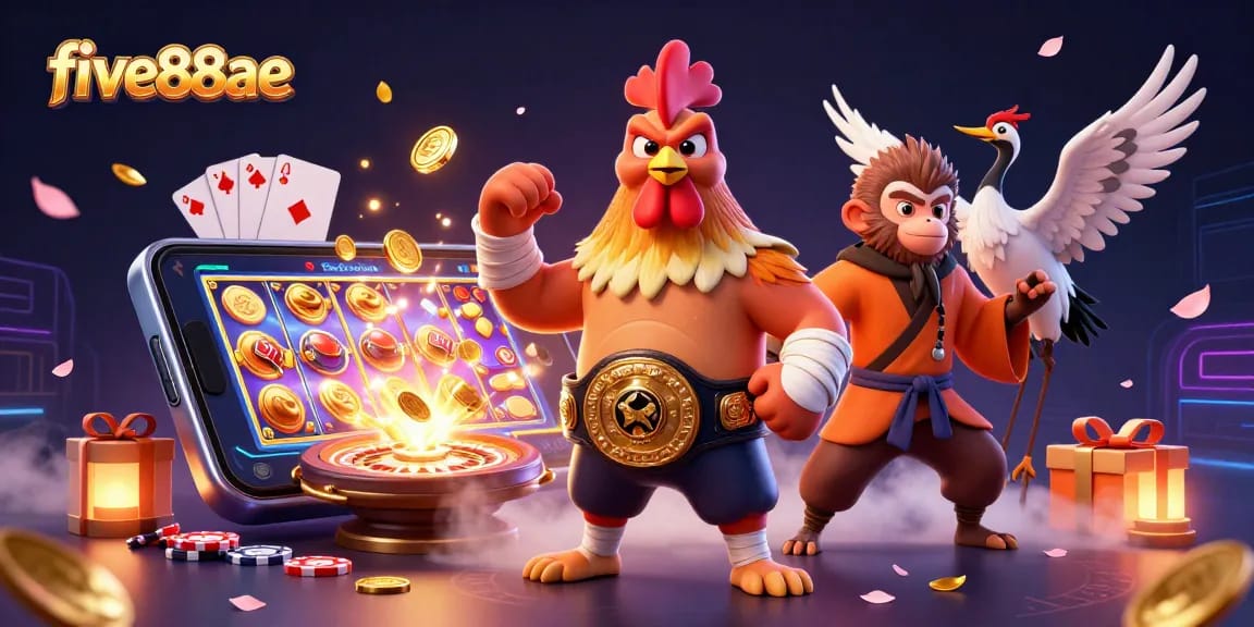 Engage in the action with five88ae, showcasing a vibrant online casino scene full of dynamic characters and game elements.