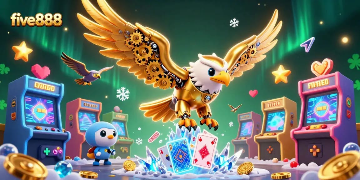 Experience thrilling gameplay at five888 featuring a cybernetic eagle amid a cascade of holographic cards.
