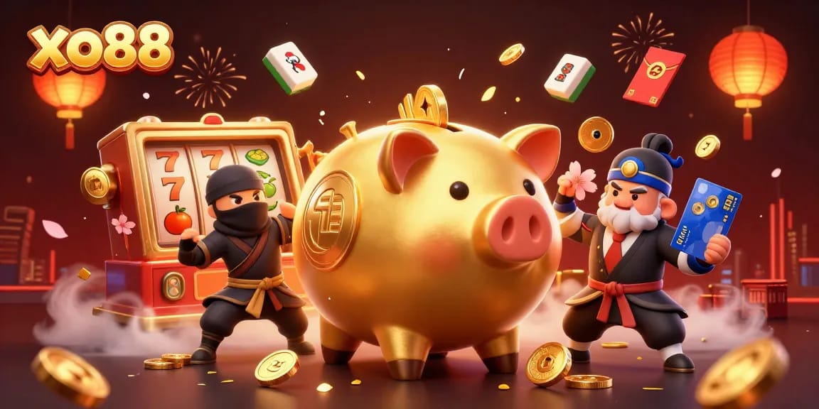 xo88 casino scene showcasing winning moments with a golden piggy bank sumo wrestler and vibrant slot elements