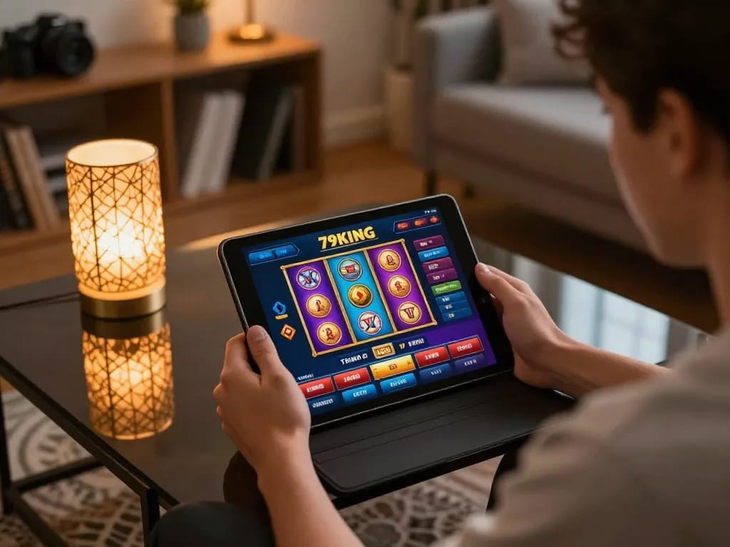 Player enjoying the Thương hiệu 79KING online casino app on tablet in cozy home setting.