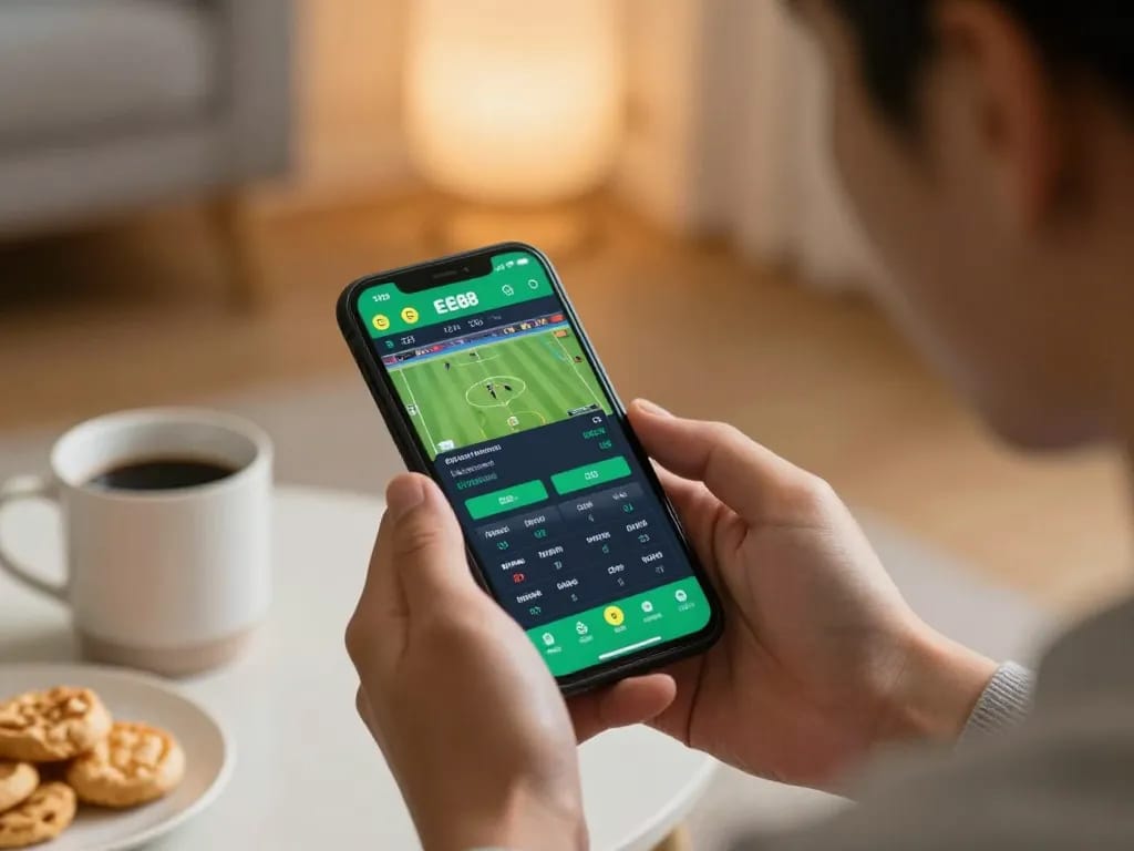 Player using ee88 app on smartphone for live sports betting in cozy home setting