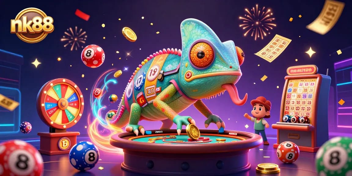 Experience vibrant gaming with nk88 as colorful casino-themed elements dance around an enchanting chameleon.