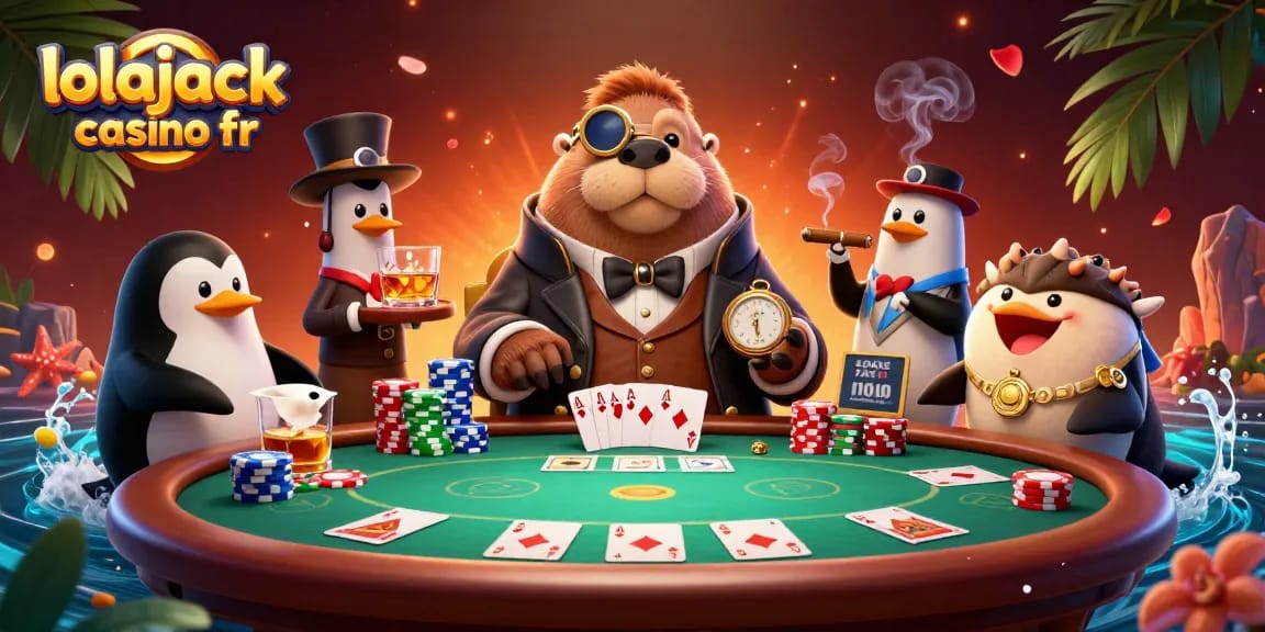Win big at lolajack casino fr with a jolly walrus and friends playing poker in an underwater scene.