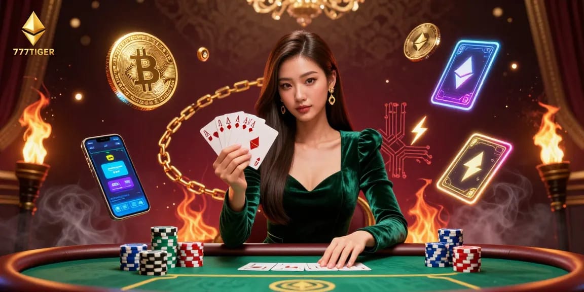 Play poker with high-stakes excitement at 777TIGER, featuring a strategic Asian woman at a luxury table surrounded by illuminated crypto coins.