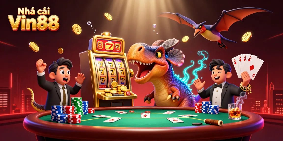 Play slots and win with Nhà cái Vin88 in a fun-filled casino scene featuring dynamic characters.