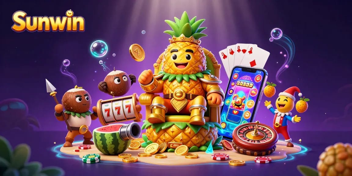 Spin and win with Sunwin’s vibrant casino game scene featuring a pineapple king and dynamic elements.