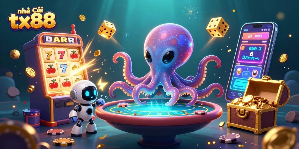 Engaging scene of nhà cái tx88 featuring an alien octopus with poker elements and vibrant casino visuals.
