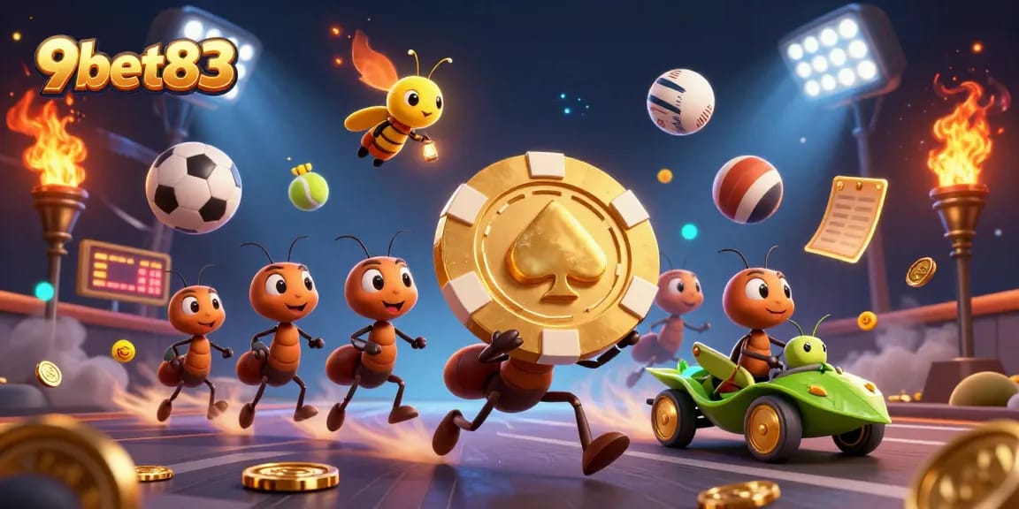 Experience thrilling action with 9bet83 as ants carry a giant poker chip in a vibrant casino heist scene.