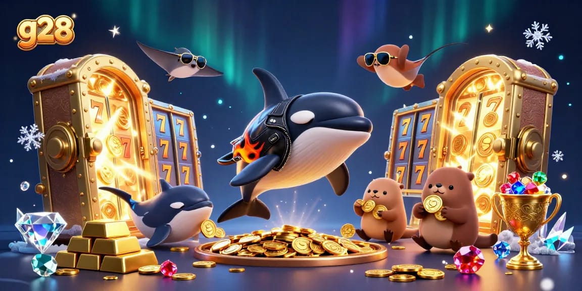 g28 showcases a vibrant casino scene with an orca whale, stingray, and otters surrounded by treasures and slot reels.