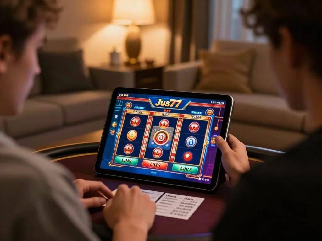 Engaging online gaming moment with Jus77 slots showing vibrant visuals in a cozy atmosphere.