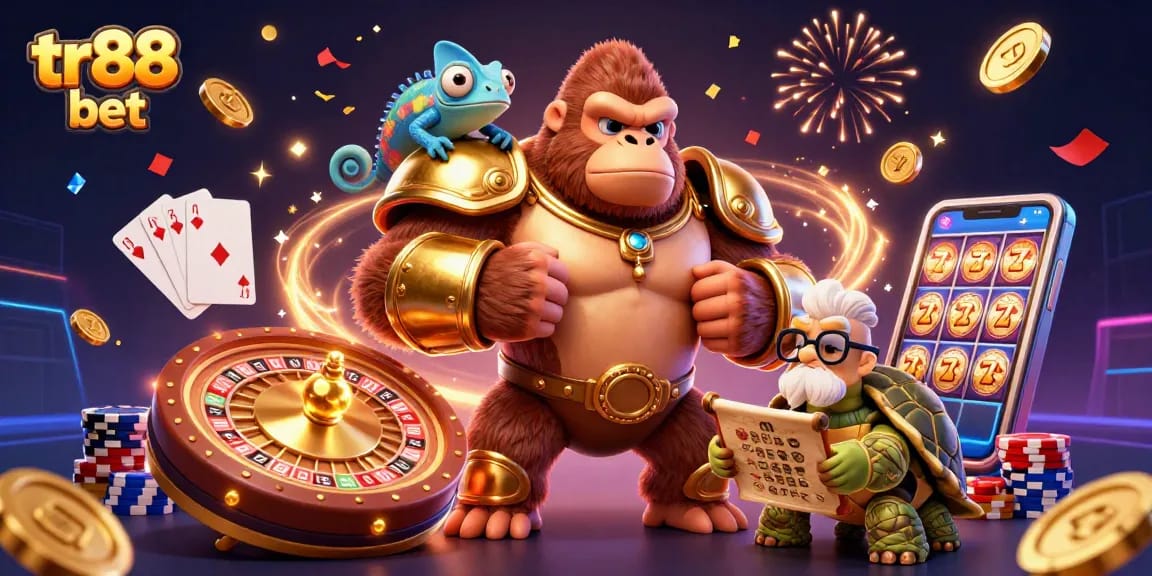 Play the exciting games at tr88 bet, where a powerful 3D gorilla king and companions celebrate casino wins!