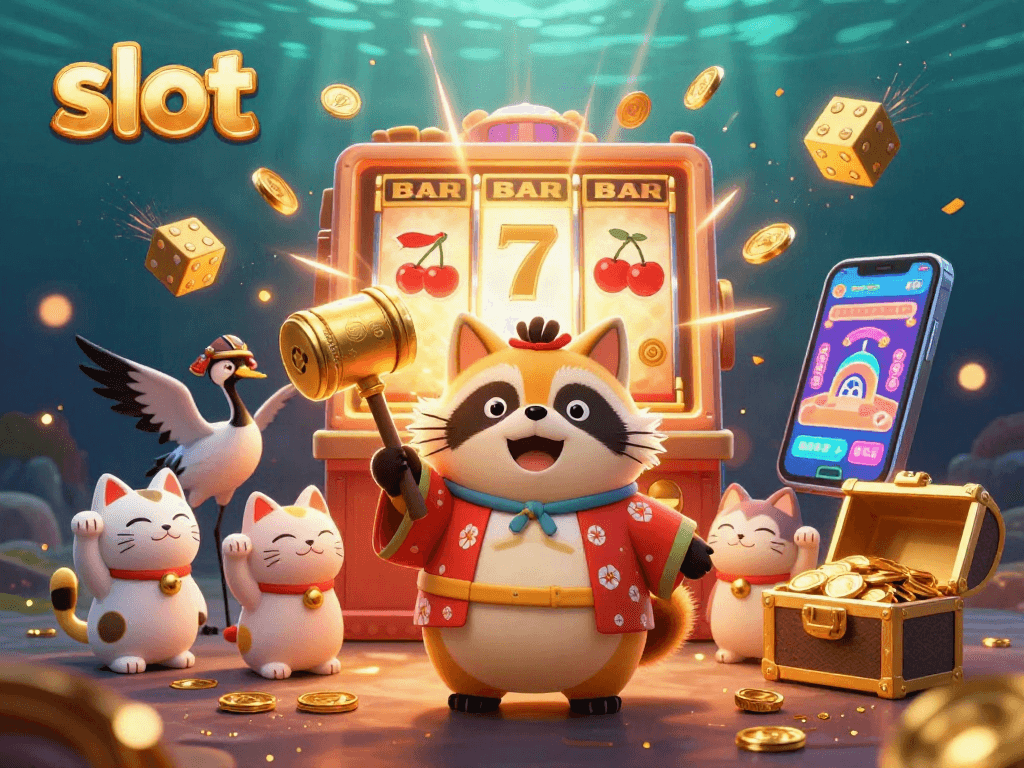 Spin the slot machine with cheerful characters and vibrant casino elements bursting with excitement.