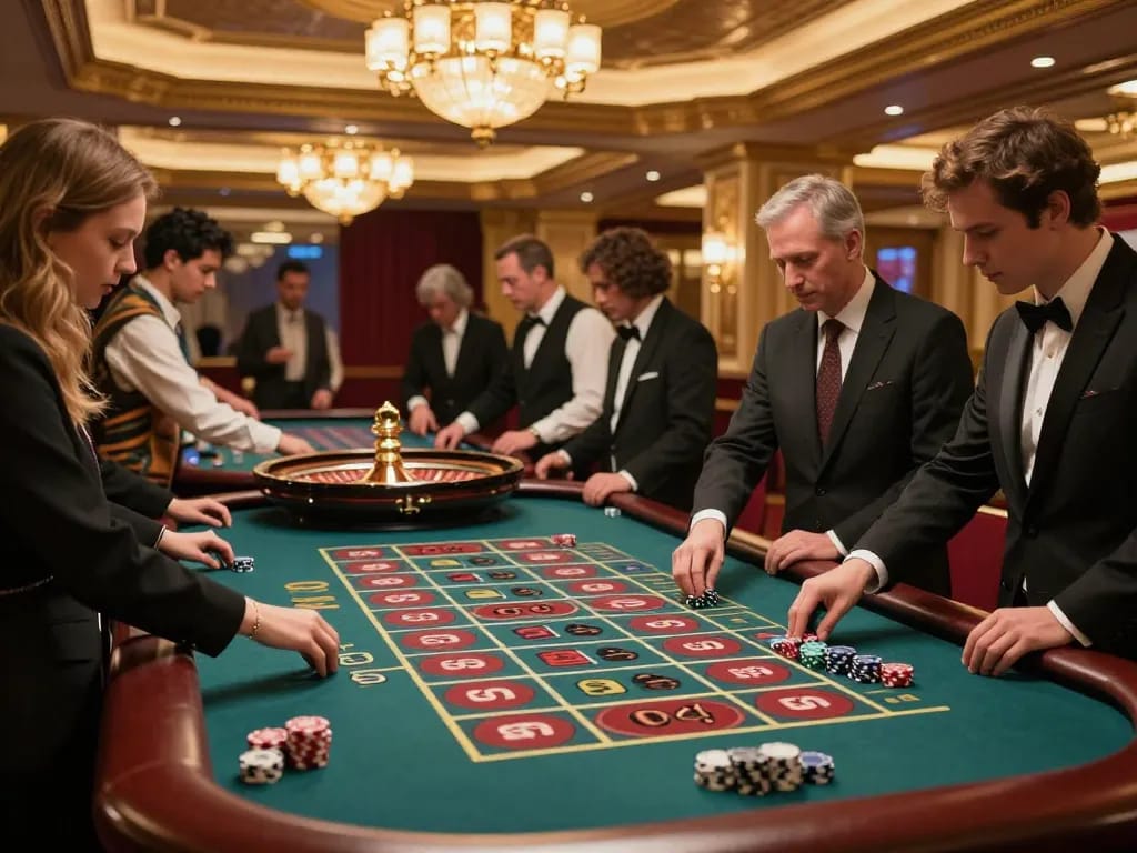Exciting roulette game action at a casino featuring 888bgo players in a luxurious setting.