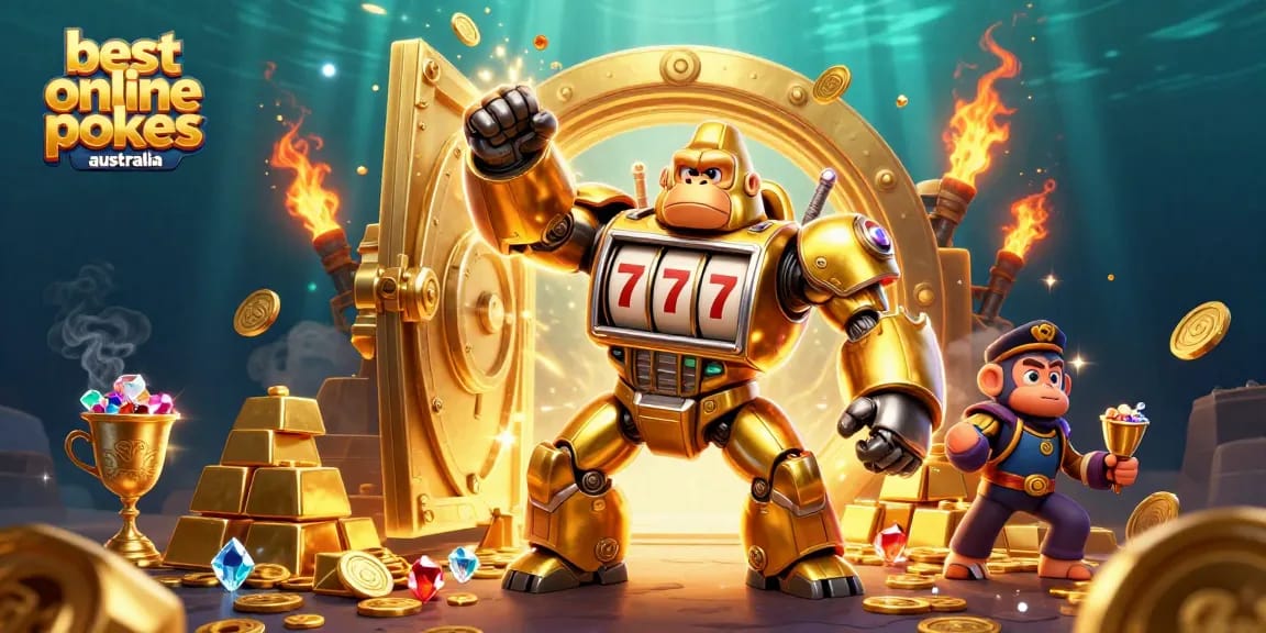 Experience the thrill at the best online pokies Australia with a dynamic 3D golden gorilla mech and treasures.